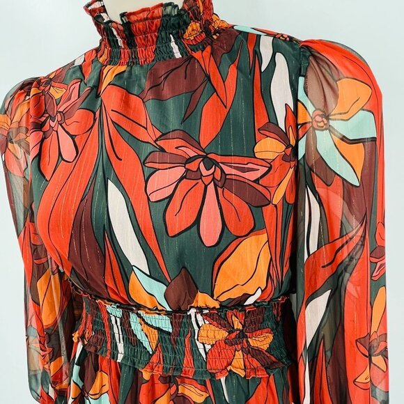 Forest Lily Mini Dress Size XS High Neck, Elastic Waist Fall Print Metallic - Picture 11 of 16